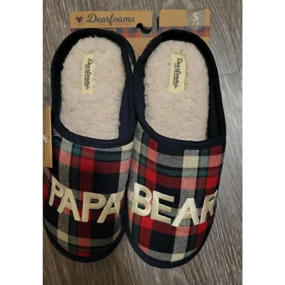 Dearfoams PAPA BEAR Navy/Red/Grn Plaid Clog Memory Foam Slippers Mens S 7-8